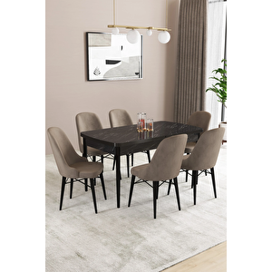 Almira Serisi, Siyah Mermer Desen 80x132 Açılabilir Mdf Mutfak Masası Takımı 6 Adet Sandalye Cappucino
