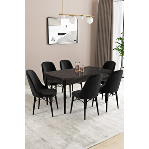 Almira Serisi, Siyah Mermer Desen 80x132 Açılabilir Mdf Mutfak Masası Takımı 6 Adet Sandalye Siyah