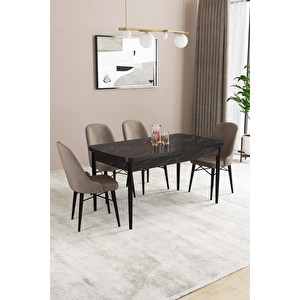 Almira Serisi, Siyah Mermer Desen 80x132 Açılabilir Mdf Mutfak Masası Takımı 4 Adet Sandalye Cappucino