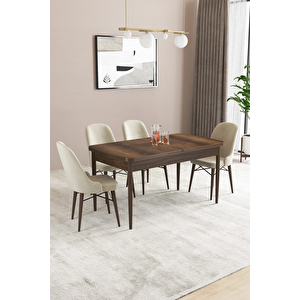Almira Serisi, Barok Ahşap Desen 80x132 Açılabilir Mdf Mutfak Masası Takımı 4 Adet Sandalye Krem