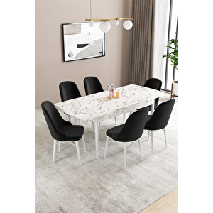 Almira Serisi, Beyaz Mermer Desen 80x132 Açılabilir Mdf Mutfak Masası Takımı 6 Adet Sandalye Siyah