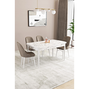 Almira Serisi, Beyaz Mermer Desen 80x132 Açılabilir Mdf Mutfak Masası Takımı 4 Adet Sandalye Cappucino