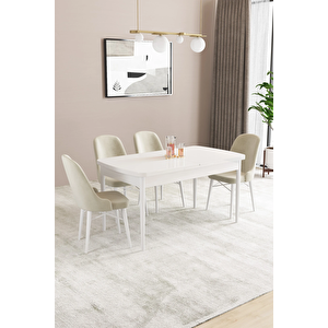 Almira Serisi, Beyaz 80x132 Açılabilir Mdf Mutfak Masası Takımı 4 Adet Sandalye Krem
