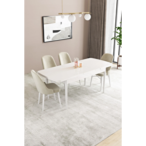 Almira Serisi, Beyaz 80x132 Açılabilir Mdf Mutfak Masası Takımı 4 Adet Sandalye Krem