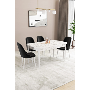 Almira Serisi, Beyaz Mermer Desen 80x132 Açılabilir Mdf Mutfak Masası Takımı 4 Adet Sandalye Siyah