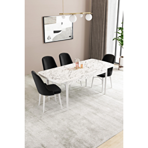 Almira Serisi, Beyaz Mermer Desen 80x132 Açılabilir Mdf Mutfak Masası Takımı 4 Adet Sandalye Siyah