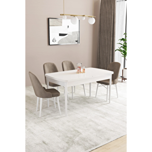 Almira Serisi, Beyaz 80x132 Açılabilir Mdf Mutfak Masası Takımı 4 Adet Sandalye Cappucino