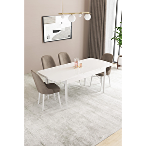 Almira Serisi, Beyaz 80x132 Açılabilir Mdf Mutfak Masası Takımı 4 Adet Sandalye Cappucino