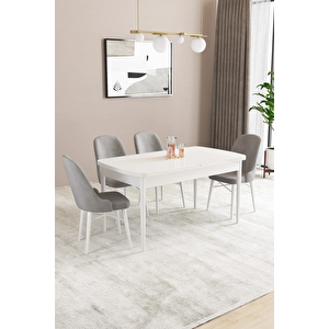 Almira Serisi, Beyaz 80x132 Açılabilir Mdf Mutfak Masası Takımı 4 Adet Sandalye Gri