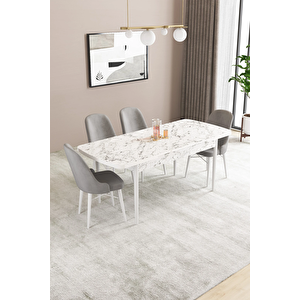Almira Serisi, Beyaz Mermer Desen 80x132 Açılabilir Mdf Mutfak Masası Takımı 4 Adet Sandalye Gri