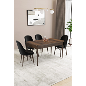 Almira Serisi, Barok Ahşap Desen 80x132 Açılabilir Mdf Mutfak Masası Takımı 4 Adet Sandalye Siyah