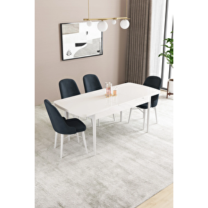 Almira Serisi, Beyaz 80x132 Açılabilir Mdf Mutfak Masası Takımı 4 Adet Sandalye Antrasit