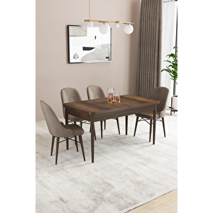 Almira Serisi, Barok Ahşap Desen 80x132 Açılabilir Mdf Mutfak Masası Takımı 4 Adet Sandalye Cappucino