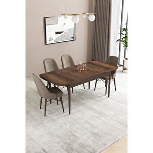 Almira Serisi, Barok Ahşap Desen 80x132 Açılabilir Mdf Mutfak Masası Takımı 4 Adet Sandalye Cappucino