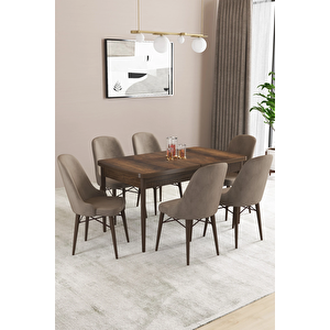 Almira Serisi, Barok Ahşap Desen 80x132 Açılabilir Mdf Mutfak Masası Takımı 6 Adet Sandalye Cappucino