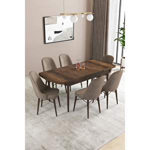Almira Serisi, Barok Ahşap Desen 80x132 Açılabilir Mdf Mutfak Masası Takımı 6 Adet Sandalye Cappucino