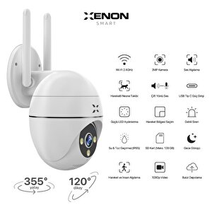 Xenon Smart Dış Mekan Wi-Fi Güvenlik Kamerası, 350° Hareket Tespiti ve Takibi, IP65 Su Geçirmez Gece Görüşü, Çift Yönlü Ses, Dahili Siren ve Led Aydınlatma X7266