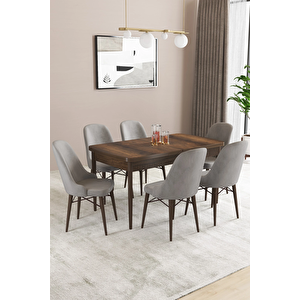 Almira Serisi, Barok Ahşap Desen 80x132 Açılabilir Mdf Mutfak Masası Takımı 6 Adet Sandalye Gri