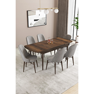 Almira Serisi, Barok Ahşap Desen 80x132 Açılabilir Mdf Mutfak Masası Takımı 6 Adet Sandalye Gri