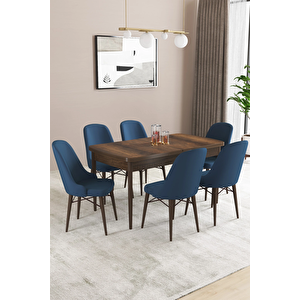 Almira Serisi, Barok Ahşap Desen 80x132 Açılabilir Mdf Mutfak Masası Takımı 6 Adet Sandalye Lacivert