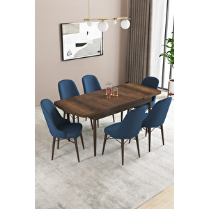 Almira Serisi, Barok Ahşap Desen 80x132 Açılabilir Mdf Mutfak Masası Takımı 6 Adet Sandalye Lacivert