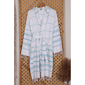 Kapşonlu Unisex Beyaz Çizgili Banyo Deniz Plaj Peştemal Bornozu %100 Pamuklu L/XL