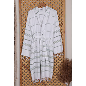 Kapşonlu Unisex Beyaz Çizgili Banyo Deniz Plaj Peştemal Bornozu %100 Pamuklu L/XL