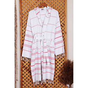 Kapşonlu Unisex Beyaz Çizgili Banyo Deniz Plaj Peştemal Bornozu %100 Pamuklu L/XL
