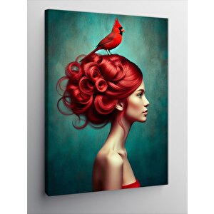 Kanvas Tablo Kızıl Saçlı Kadın Ve Kuş 100x140 cm