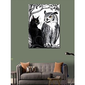 Kanvas Tablo Siyah Kedi Ve Baykuş