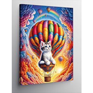Kanvas Tablo Uçan Balon Yolculuğu Ve Kedi