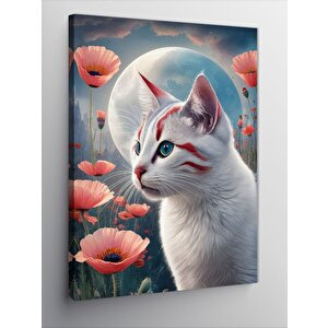 Kanvas Tablo Kedi  Dolunay Ve Gelincik Çiçekleri