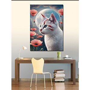 Kanvas Tablo Kedi  Dolunay Ve Gelincik Çiçekleri