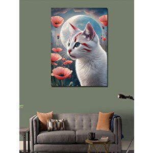 Kanvas Tablo Kedi  Dolunay Ve Gelincik Çiçekleri