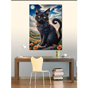 Kanvas Tablo Siyah Kedi Ve Çiçekler 70x100 cm