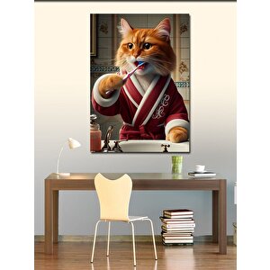 Kanvas Tablo Dişlerini Fırçalayan Kedi