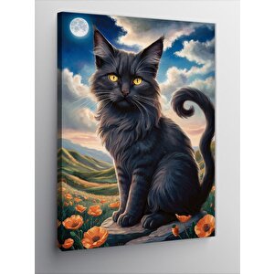 Kanvas Tablo Siyah Kedi Ve Çiçekler 100x140 cm