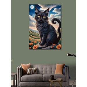 Kanvas Tablo Siyah Kedi Ve Çiçekler