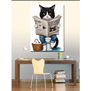 Kanvas Tablo Gazete Okuyan Tuvaletteki Kedi