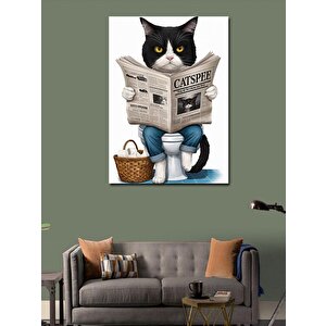 Kanvas Tablo Gazete Okuyan Tuvaletteki Kedi