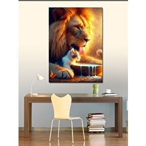 Kanvas Tablo Aslan Ve Kedi Süt İçerken 70x100 cm