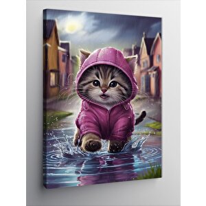 Kanvas Tablo Mor Yağmurluklu Kedi