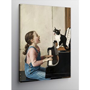 Kanvas Tablo Piyano Çalan Kız Ve Kedi 70x100 cm
