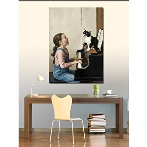 Kanvas Tablo Piyano Çalan Kız Ve Kedi 70x100 cm
