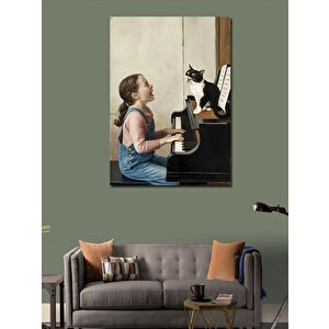 Kanvas Tablo Piyano Çalan Kız Ve Kedi 70x100 cm
