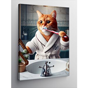Kanvas Tablo Dişlerini Fırçalayan Kedi 100x140 cm