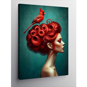 Kanvas Tablo Kızıl Saçlı Kadın Ve Kırmızı Kuş 100x140 cm