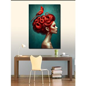 Kanvas Tablo Kızıl Saçlı Kadın Ve Kırmızı Kuş 70x100 cm