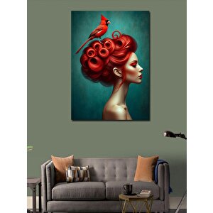 Kanvas Tablo Kızıl Saçlı Kadın Ve Kırmızı Kuş 70x100 cm