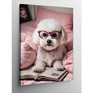 Kanvas Tablo Kitap Okuyan Beyaz Köpek